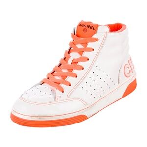 CHANEL White and Orange High-Top Sneakers
